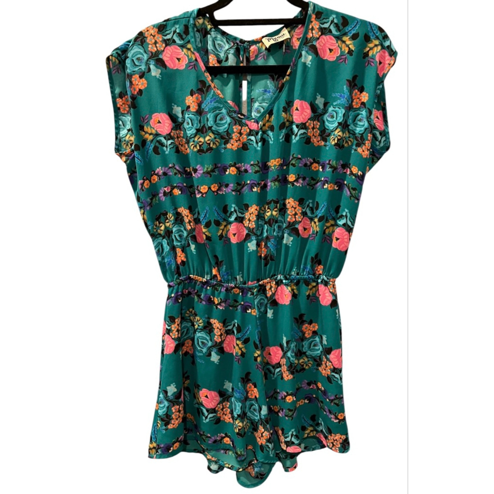 Show Me Your Mumu Rowdy Floral Short Sleeve Romper Size XS Teal Green V-Neck